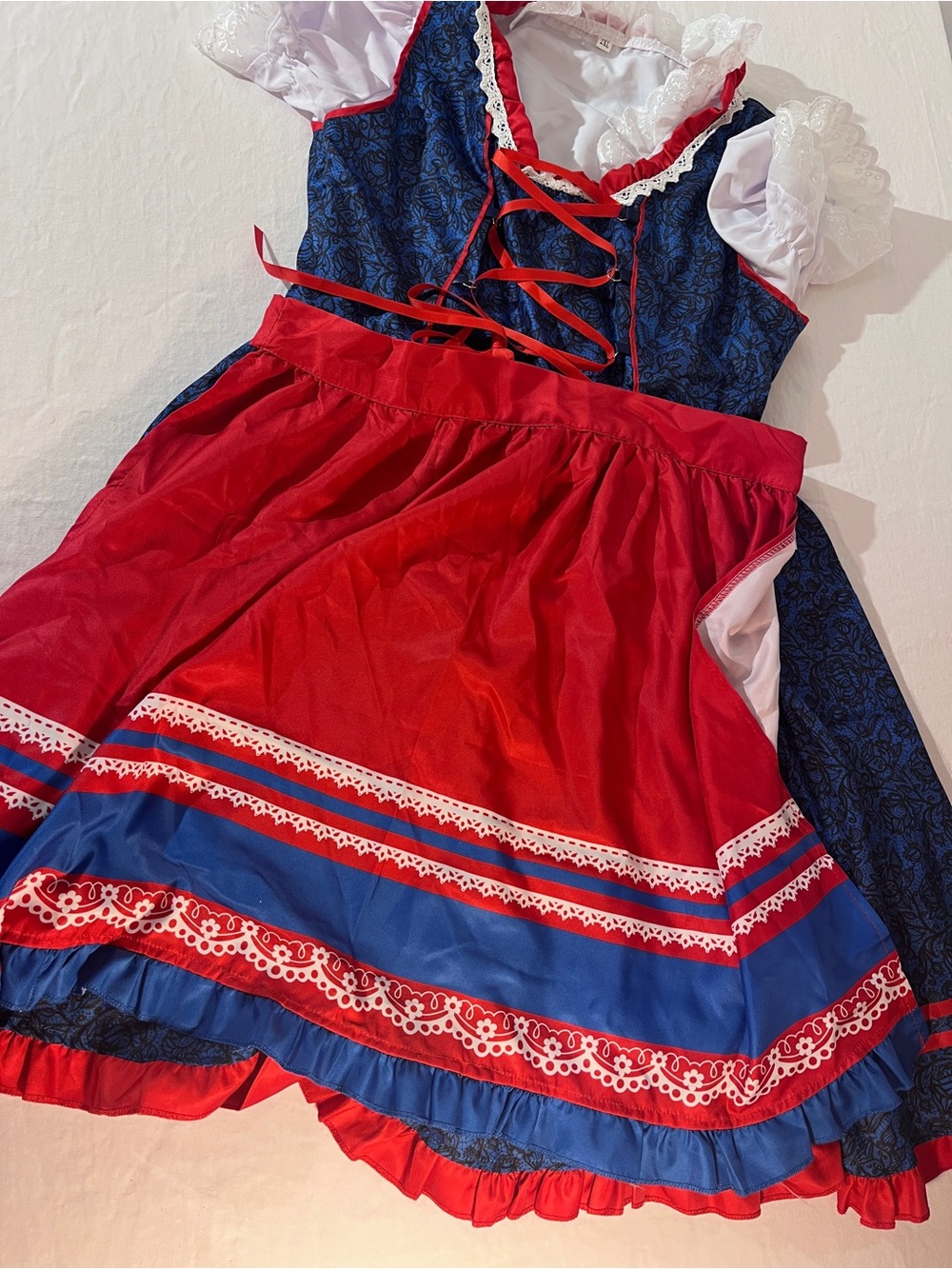 Octoberfest Blue Floral Mini Dress with Red Lace-Up Detail